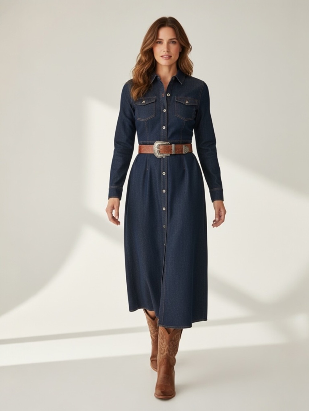 Max Studio Blue Denim Long Sleeve Button Down Duster or Dress Womens size L